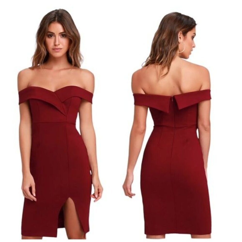 Lulu’s Classic Glam Burgundy Off-the-Shoulder Bodycon Dress Size Small - Picture 11 of 11